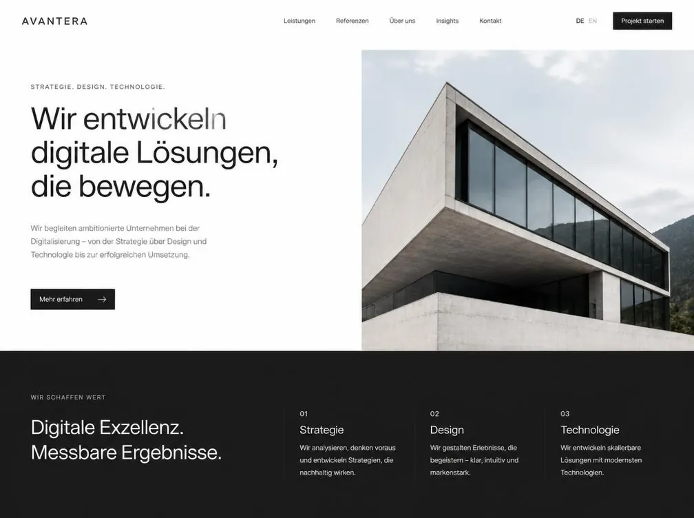 Beispiel eines modernen, minimalistischen Webauftritts